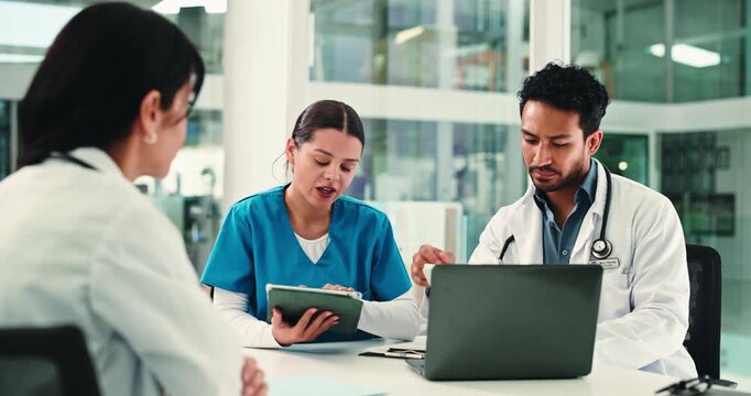 Documents, tech and doctor in meeting with discussion, cooperation and healthcare. Medical people, conversation and team in hospital with tablet, research and feedback for diagnosis or schedule