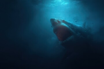 Fototapeta premium A large great white shark swims in deep blue ocean water showing its teeth. It can represent danger, adventure, marine life, and power.