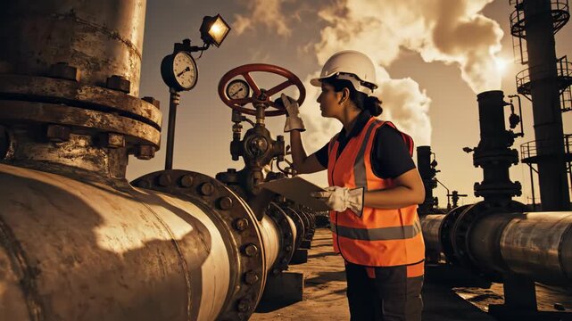 Male technician in safety gear inspects and operates industrial valve on pipes in refinery. Worker checking gauges and turning handle in chemical plant. Cinematic tracking shot footage of oil