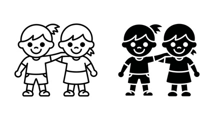 Simple black and white icon illustration showing two children, a boy and a girl, standing arm in arm as friends.