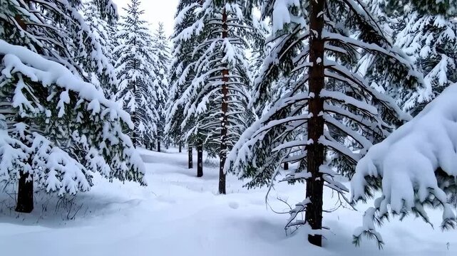 A snow-covered forest scene with rows of evergreen trees, branches laden with pristine white snow