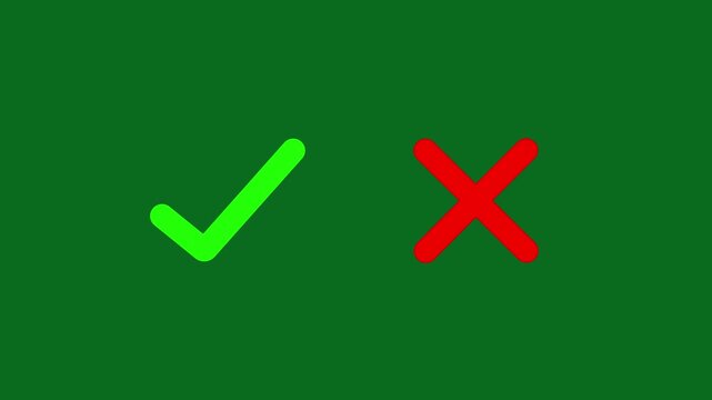 check mark and cross icon ideal for concept approval or rejection. yes or no checkmark icons in green tick box and red cross. Right and wrong sign animated on green background. 