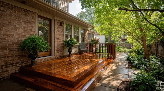 A wood deck with plants against brick, sunlit trees in background. Showcase outdoor living, home improvement projects, or landscape design.