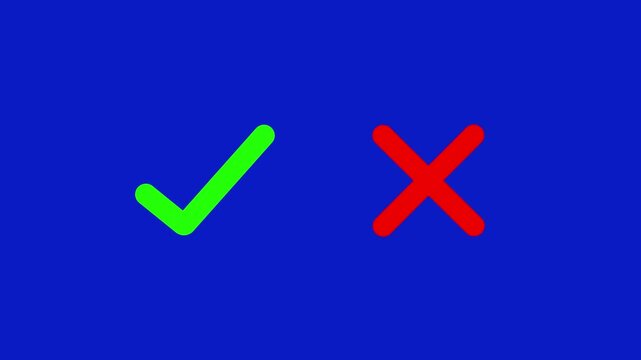 check mark and cross icon ideal for concept approval or rejection. yes or no checkmark icons in green tick box and red cross. Right and wrong sign animated on blue background. 
