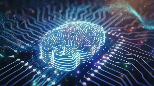 A glowing digital brain embedded in electronic circuitry pulses with energy, representing neural networks, artificial intelligence systems, and advanced computing technology.