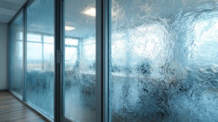 Textured glass wall in an office interior building with a modern design. Use it for privacy, or divide spaces with an aesthetic decorative touch.