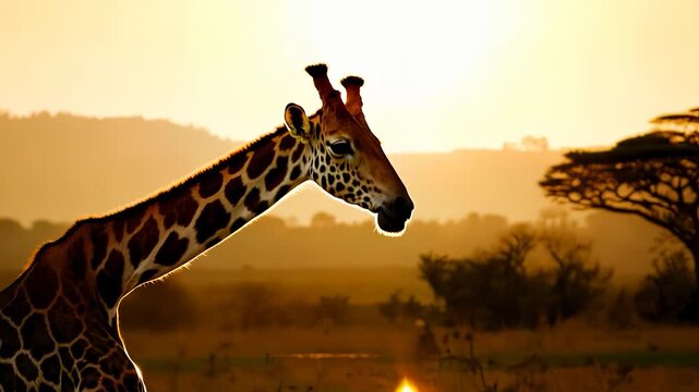 A giraffe stands gracefully against the stunning backdrop of a setting sun. The giraffe's silhouette highlights its unique features in the warm golden glow of the evening.