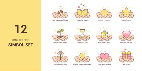 Hands holding support symbols, GiveToGain concept vector illustrations set.