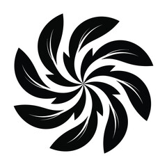 Fototapeta premium Abstract symmetrical swirling design featuring black leaflike shapes arranged in a radial pattern creating a sense of movement and energy isolated on a clean white background