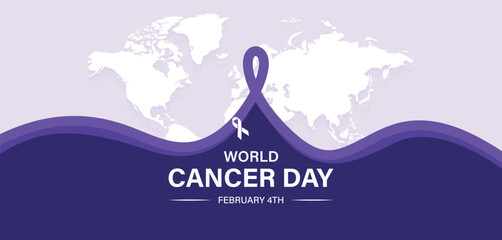 4 February, World Cancer Day with awareness purple ribbon vector illustration