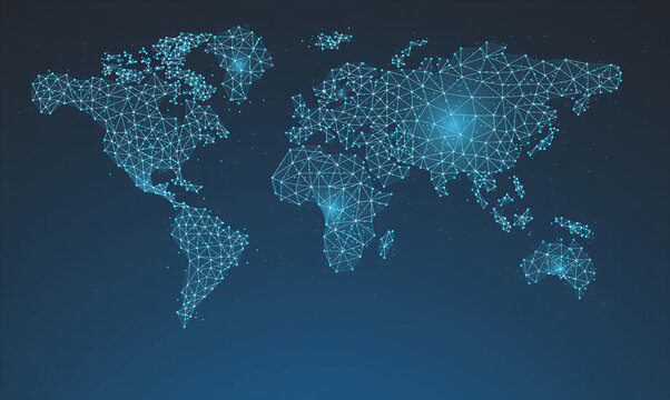 Global network connections map with lines and dots on a blue gradient background showing world continents - Powered by Adobe