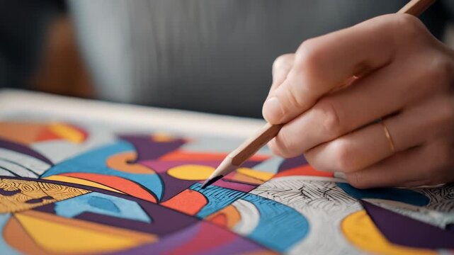 Medium shot of an artist sketching abstract patterns and vibrant colors for a vinyl album cover showcasing imaginative shapes and modern artistic flair.