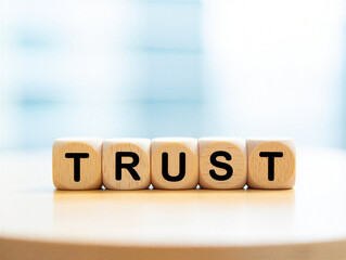 Wooden dice spelling out the word trust on a table  concept of reliability and faith in business or personal relationships