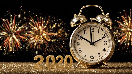 Gold Alarm Clock Showing Midnight with Fireworks and 2020 Figures Celebrating New Year