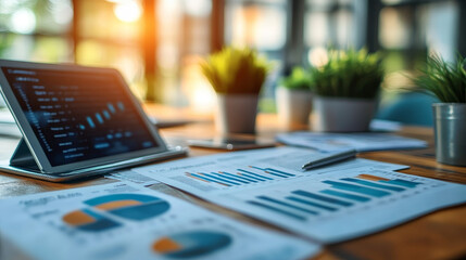 Data charts and tablets on a work desk in a workplace setting