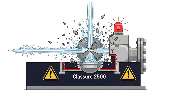 Industrial machine explosion caused by water pressure, showing damage and red alerts.