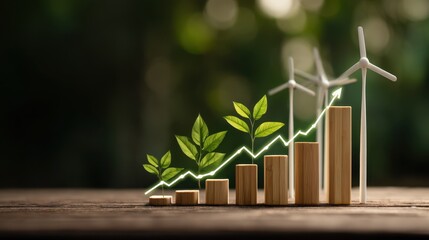 Growth Chart Representing Sustainable Investment with Green Energy and Wind Turbines in a Natural Setting