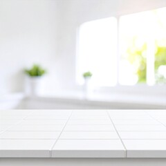 A pristine white tile countertop gleams under soft lighting, showcasing a smooth, glossy surface with subtle texture and minimal grout lines.