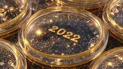 Golden New Year Celebration Coins with Sparkling Glitter and 2022 Text in Circular Design