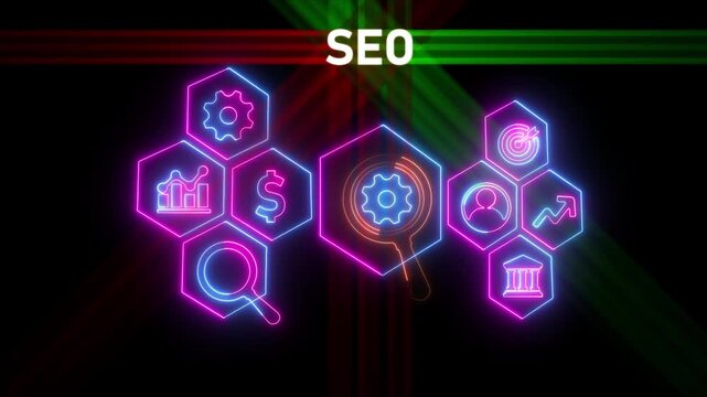 Glowing neon line banner of SEO concept with icons of web, analysis, content, back link, keyword, traffic, ranking and optimization isolated on black background.