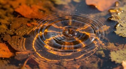 Water droplet creating concentric ripples on a surface with autumn leaves