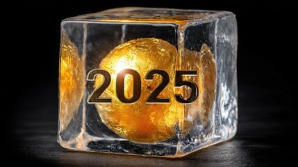 Golden Sphere Inside Ice Cube with 2025 Text Modern Artistic Concept