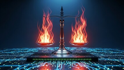 Digital scale of justice engulfed in flames on circuit board