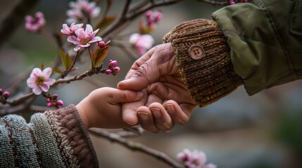 Hands of an Adult and Child Holding Each Other Near Blooming Pink Cherry Blossom Tree