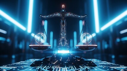 Digital justice scale with glowing blue circuitry