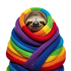 Fototapeta premium Adorable Sloth Snugly Wrapped in a Multicolored Rainbow Knitted Scarf Isolated on White Background
