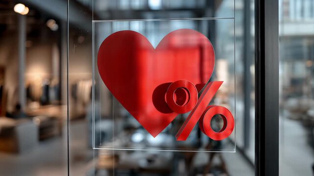Bright red heart sticker on a clear glass panel in a modern clothing store interior, with blurred fashion racks, warm lighting, and metallic frames creating a romantic shopping vibe