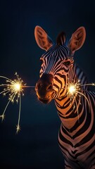 Fototapeta premium Surreal Night Portrait of a Zebra Holding Two Glowing Sparklers in Its Mouth Against a Dark Background