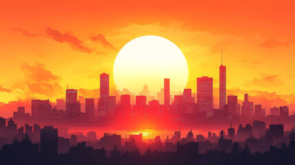 Warm-toned sunset landscape on a modern city skyline