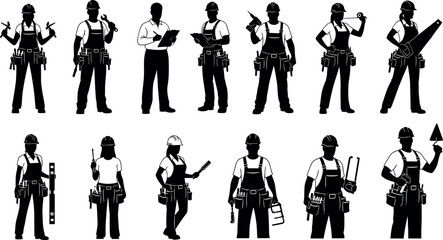 Diverse Construction Workers Silhouettes Set with Professional Tools Equipment for Building Industry Tradesmen Carpentry Masonry Engineering Architecture and Home Improvement Projects