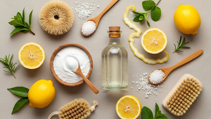 Natural cleaning products flat lay with lemon slices baking soda vinegar sea salt brushes and mint leaves on neutral background for eco friendly home maintenance and zero waste household routine