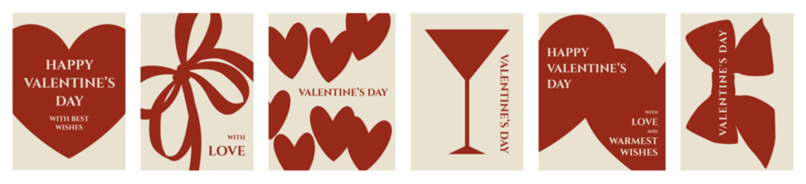 Set of minimalist Valentine's Day cards featuring festive, background with elegant bow silhouette, hearts, glass in red and white color in flat style. Hand drawn vector illustration EPS10
