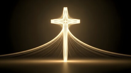 A radiant golden cross with flowing light streams against a dark background, symbolizing spirituality and divine energy.