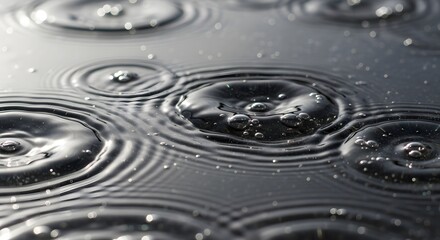 Close up of raindrops creating concentric ripples on a dark water surface