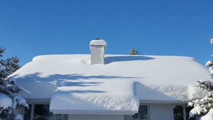 Color photo of a house completely covered in snow, with icicles hanging from the roof and chimney, set against a backdrop of snowy trees and a clear blue sky.