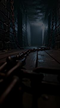 Dark dungeon corridor with stone walls, rusty chains lying on a wooden floor, and dim light illuminating the space. The scene evokes mystery, fear