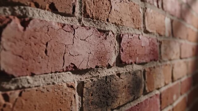 Detailed view of an old, textured red brick wall with weathered mortar and cracks