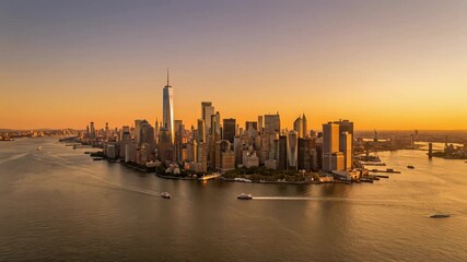 Stunning aerial view of a city skyline during sunset, showcasing skyscrapers and waterways.