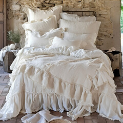 Elegant bedroom with textured throws, golden light hitting the bed frame, soft surroundings.
