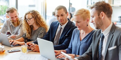Diverse group of business people meeting together, using laptop and tablet in office. Mixed genders of business man and woman collaborative work environment, collaborating working and using technology
