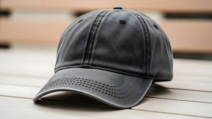 Black baseball cap on wooden surface