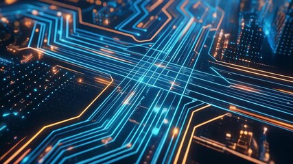 Futuristic digital circuit board design with glowing lines and data visualization concept - Powered by Adobe