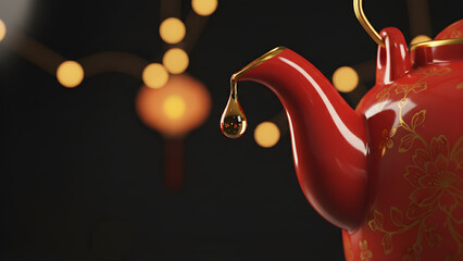 Red Teapot with Dripping Water Closeup.