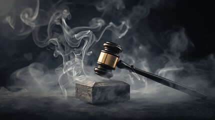 Sound of a gavel striking a block is accompanied by a dramatic smoky atmosphere.