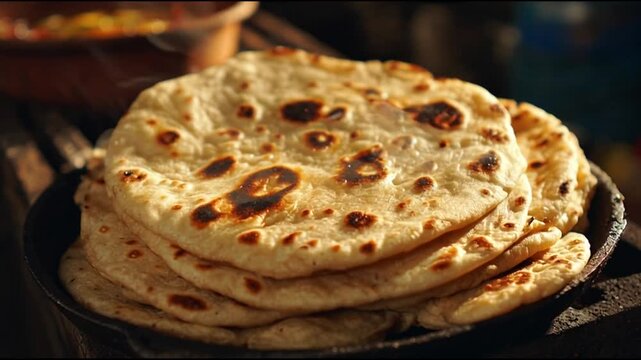 Stack of Freshly Cooked Indian Roti Flatbread Traditional Cuisine