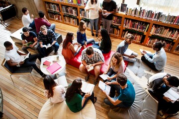 Diverse group of students studying in a library. Students reading, discussing, and collaborating. Library setting with books and study materials. High school students reading books in library.